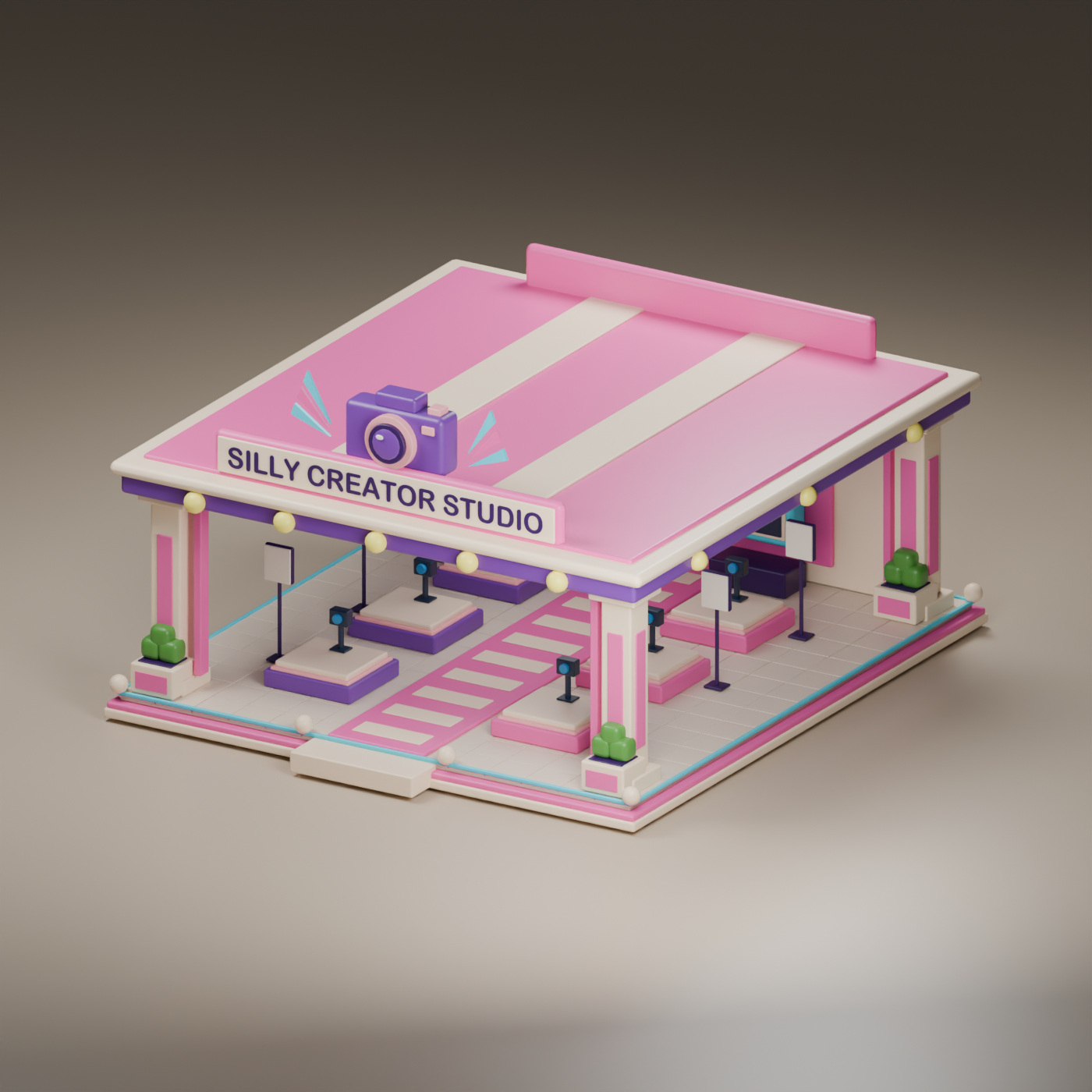 Pink and purple Creator Studio building, development artwork for SillyJoybait